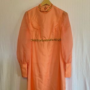 Vintage 70s Peach/ Orange Long Sleeve Gown/ Prom Dress w/ Floral Detailing